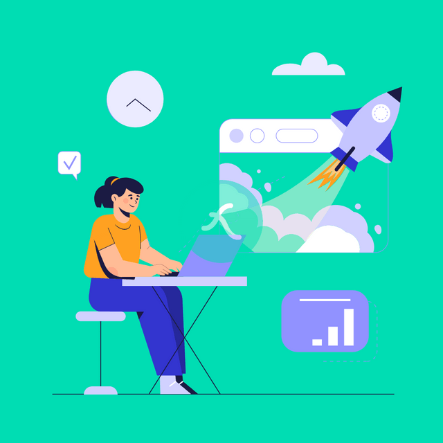 Women launching rocket Lottie JSON animation