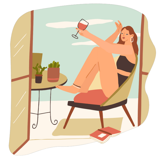 WOMAN IN A BIKINI RELAXING ON BALCONY WITH GLASS OF WINE