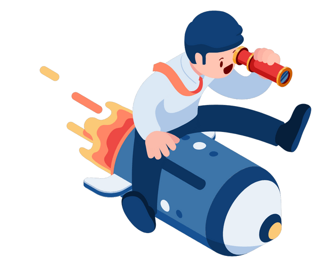 Businessman looks through the telescope on a rocket