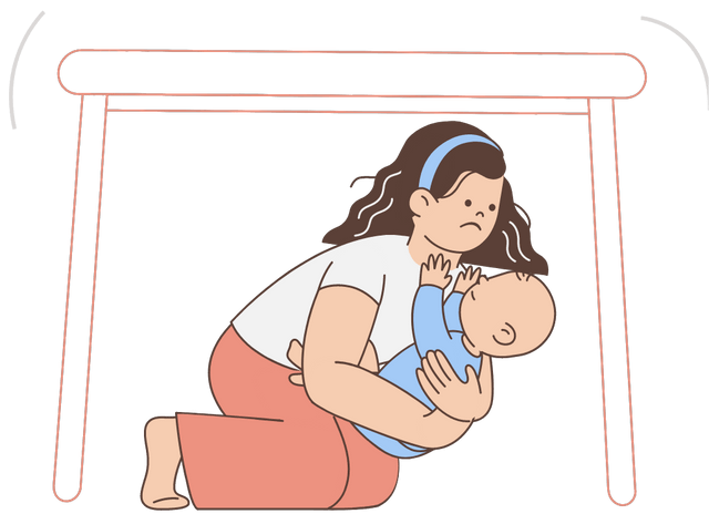 Mother protects baby during an earthquake