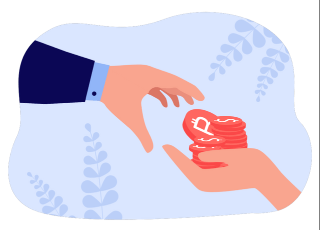 Businessman giving bitcoin to hand holding out dollar coins