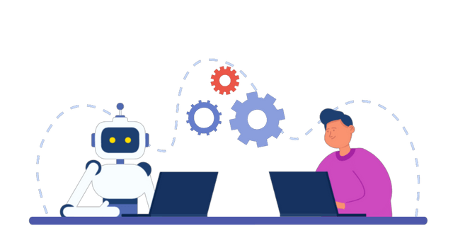 Man and robot with computers sitting together in workplace