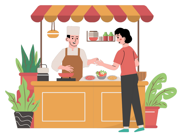 Food Stand Seller and Buyer at Local Market