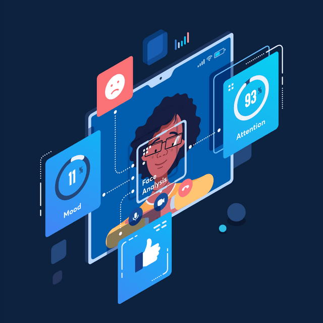 Facial expression analysis. Animated isometric illustration. JSON Lottie.