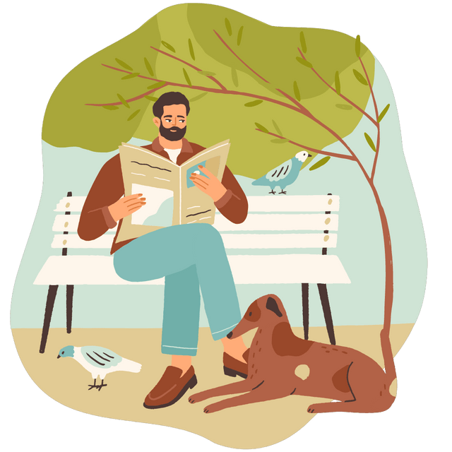 MAN READING NEWSPAPER IN PARK WITH DOG AND PIGEONS