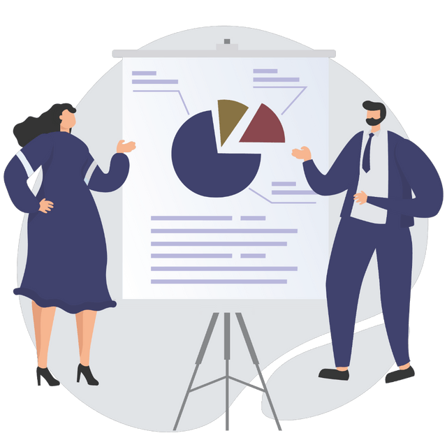 A business man and woman presenting data on whiteboard