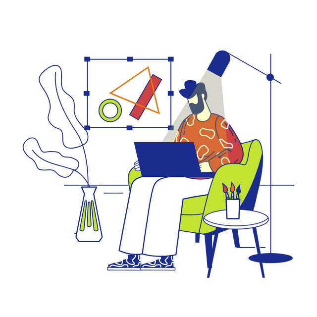Animated illustration of a designer hard at work in a creative studio setting