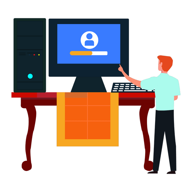 Design a desktop desk and power on computer character animation