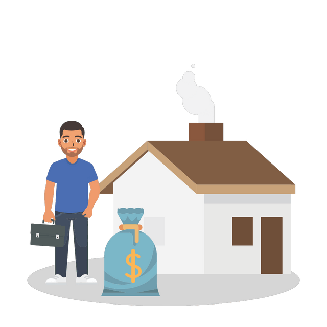 Businessman with Briefcase, House and Growing Money Bag